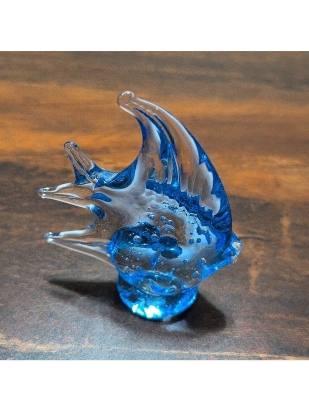Art glass hand blown Blue Angel Fish controlled bubbles.4" tall paperweight.